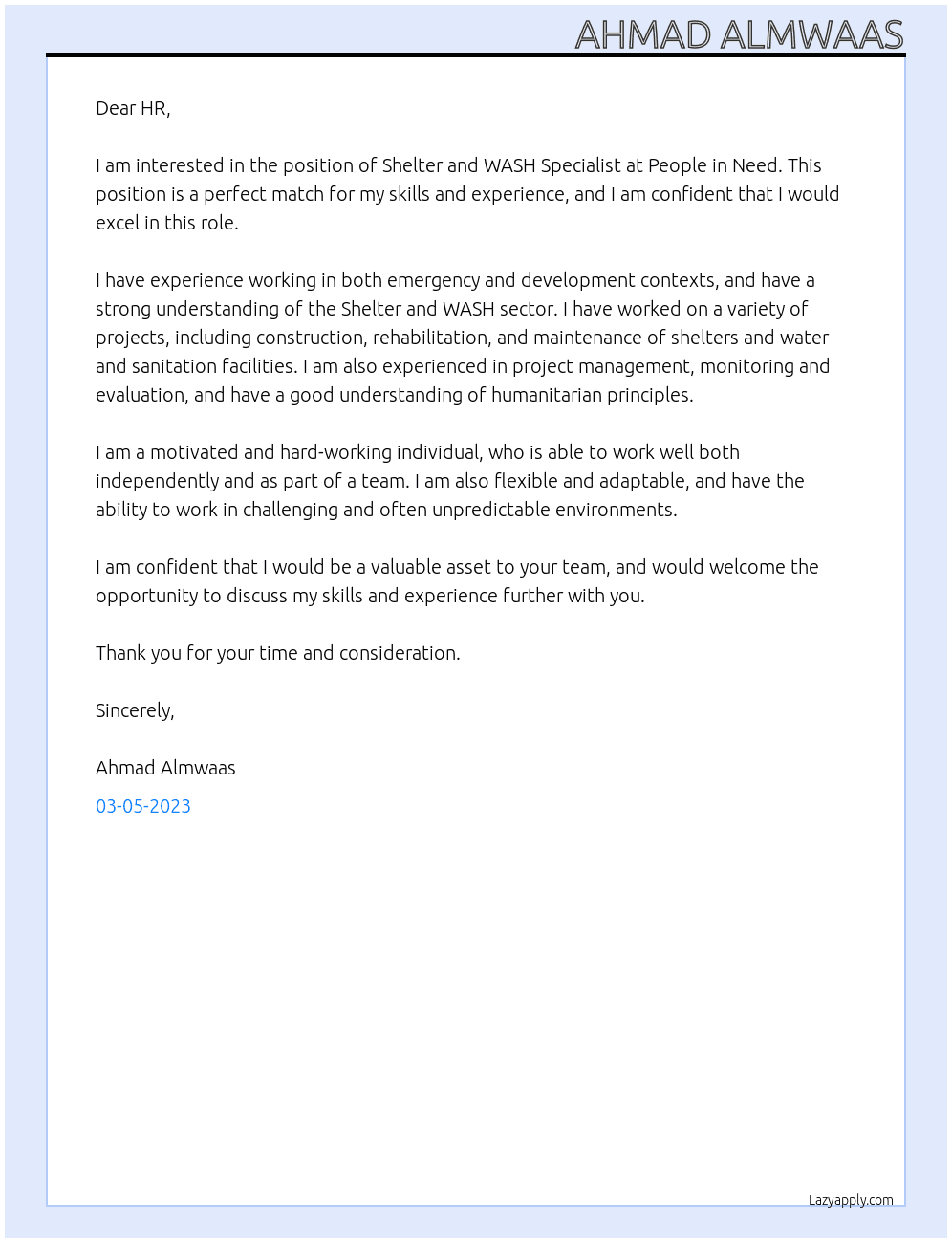 Shelter and WASH Specialist At People in Need Cover Letter