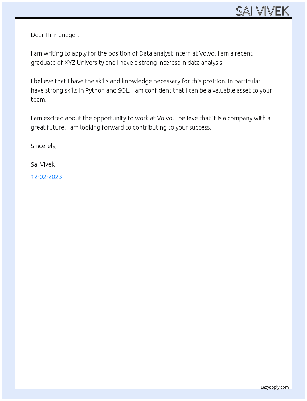 Data analyst intern  At Volvo Cover Letter