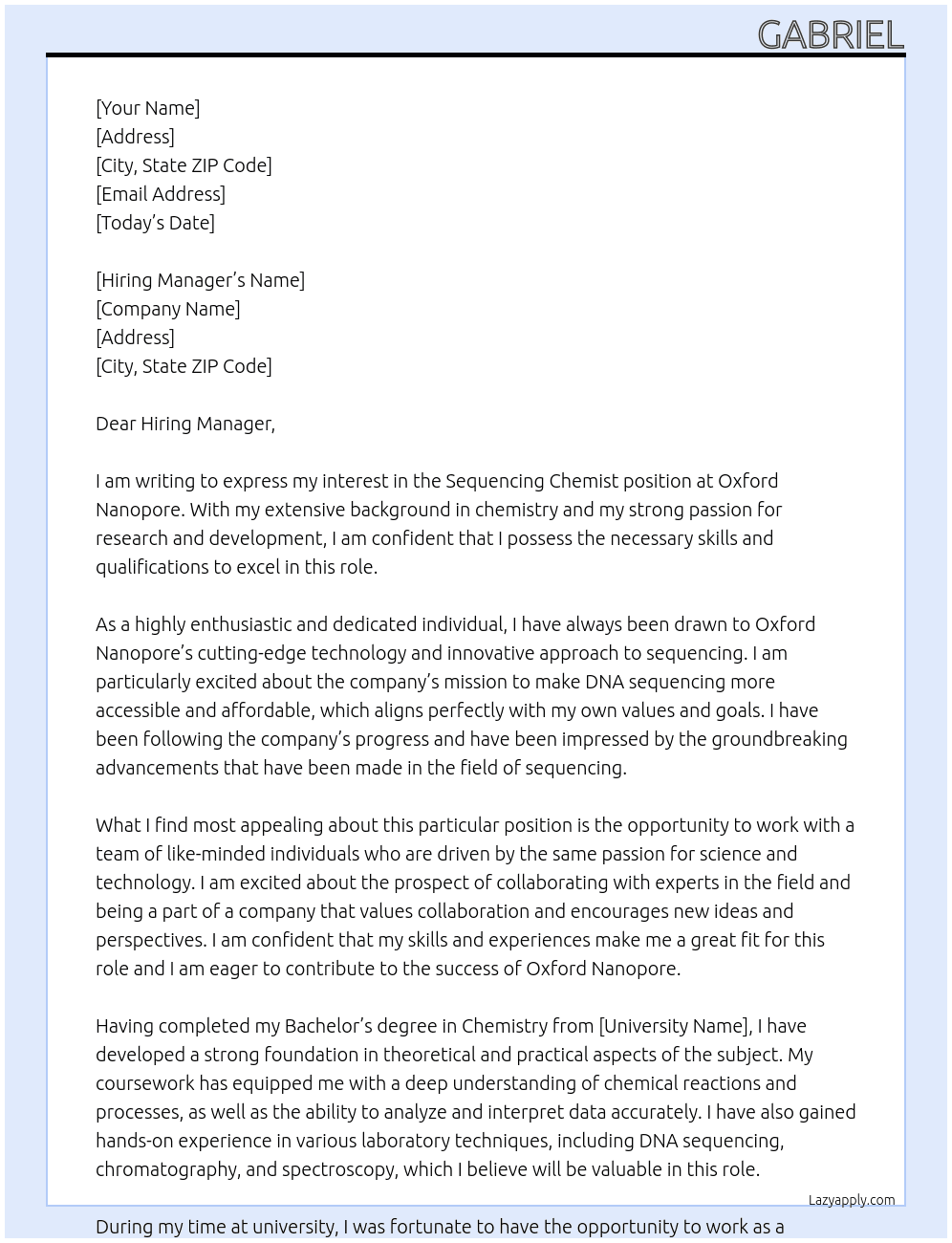 Sequencing Chemist At Oxford Nanopore Cover Letter