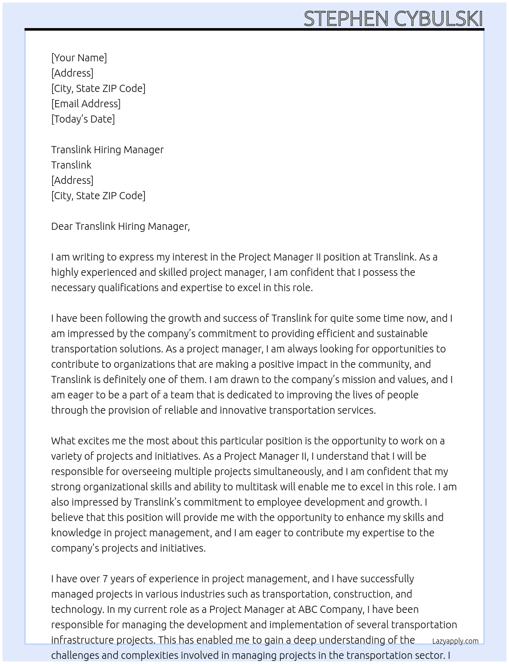 Project Manager II At Translink Cover Letter