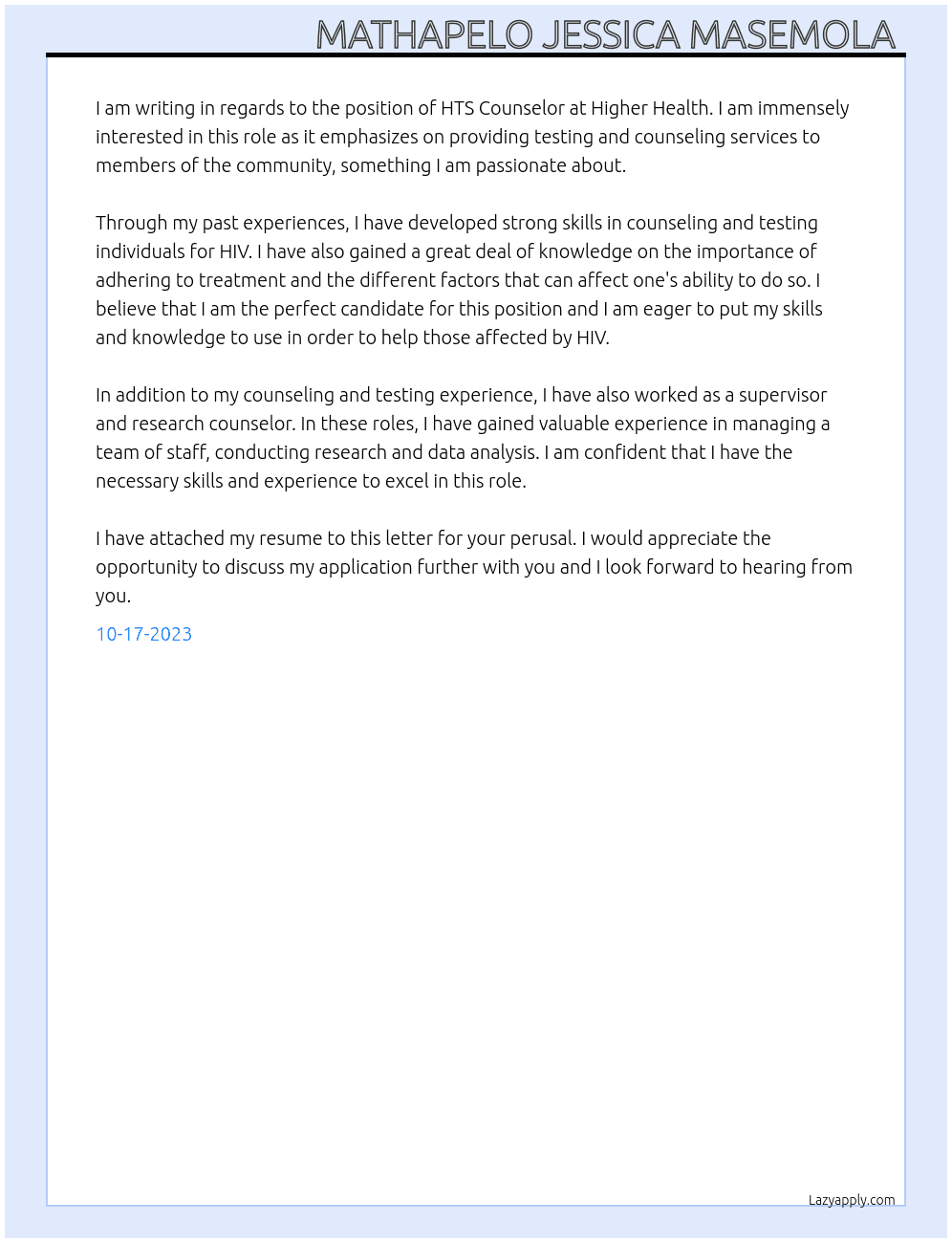 HTS Counselor  At Higher health  Cover Letter