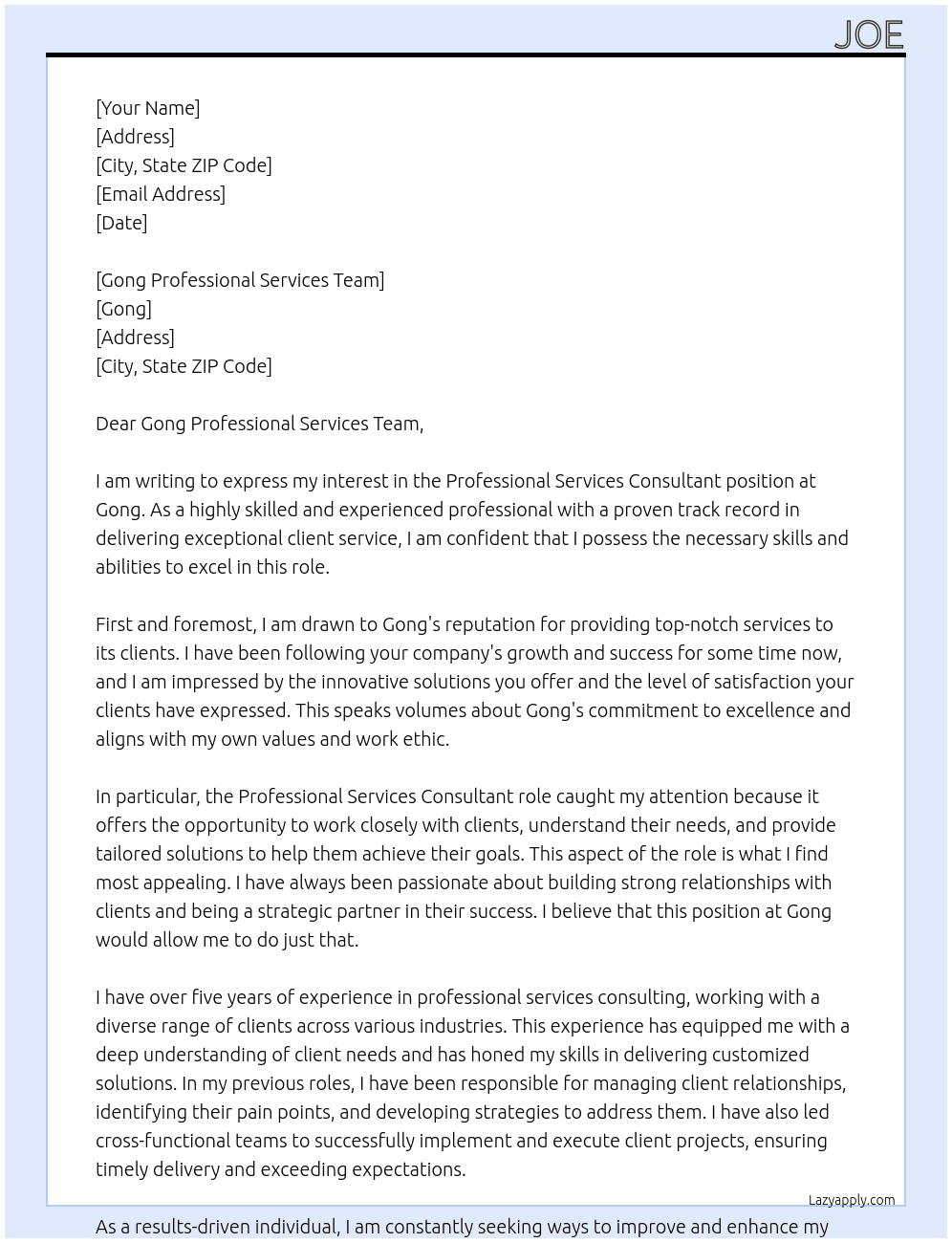 Professional Services Consultant At Gong Cover Letter