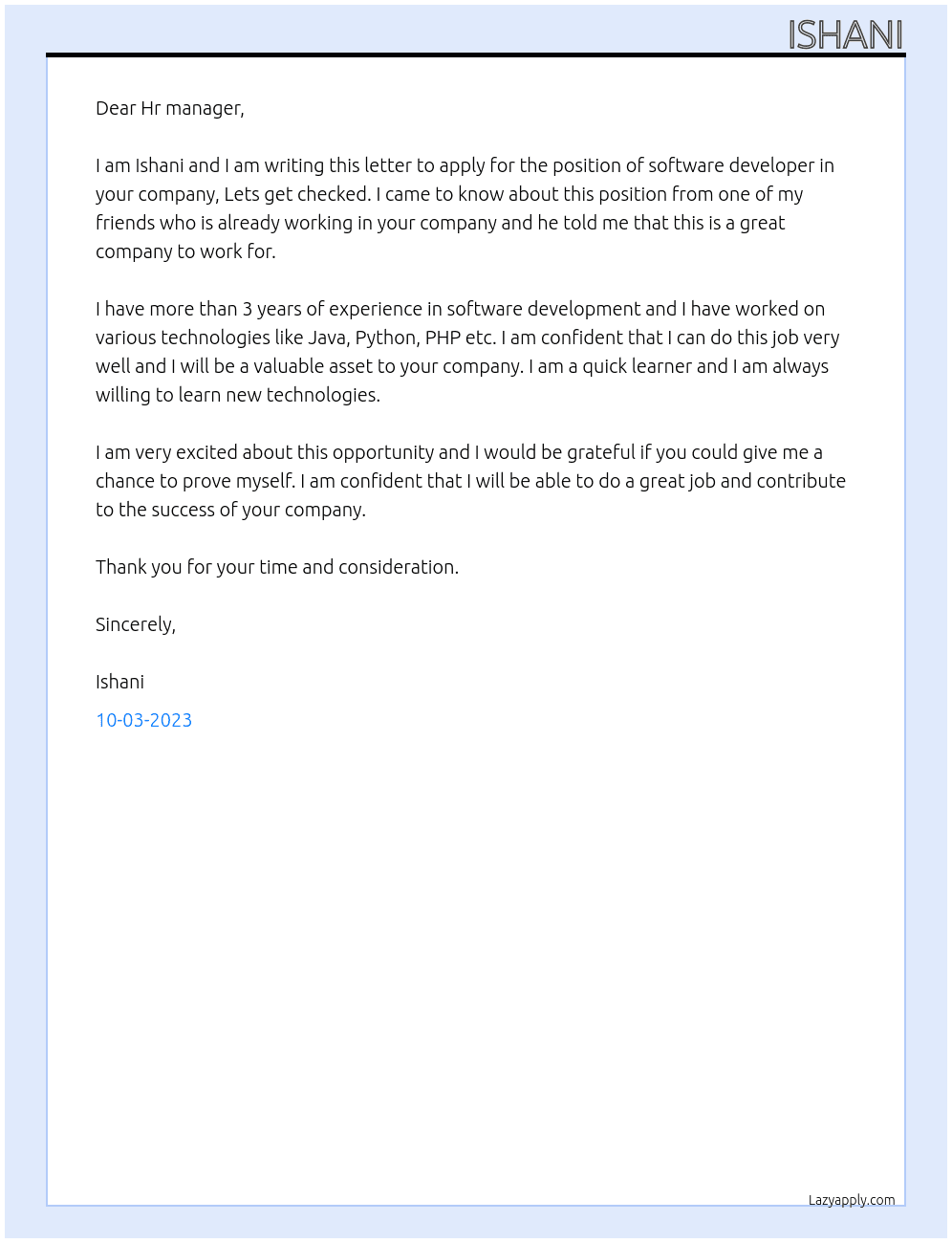 Software developer At Lets get checked Cover Letter