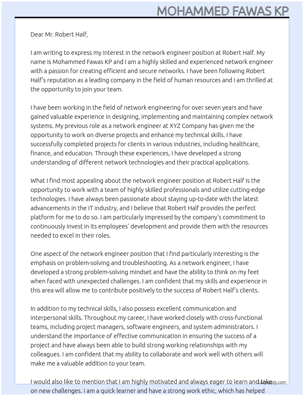 network engneer  At robert half Cover Letter