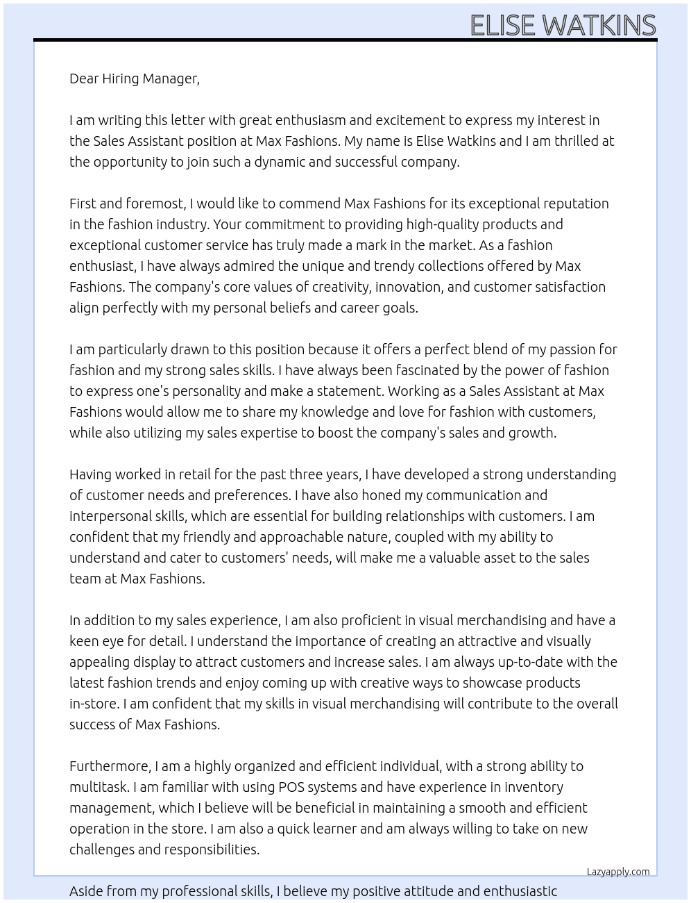 Sales Assistant At Max Fashions Cover Letter