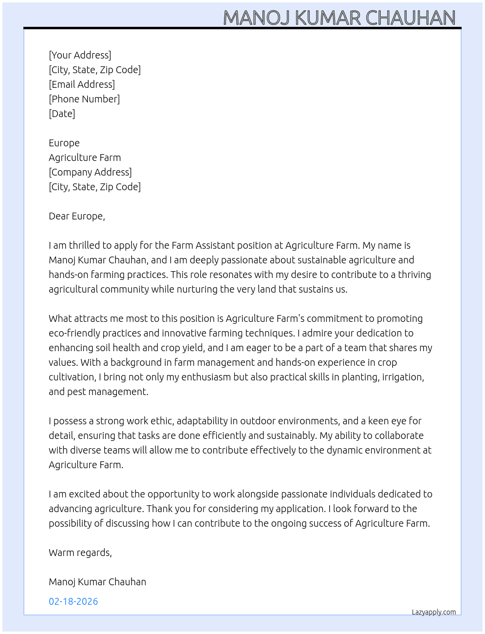 Cover letter for farm assistant - LazyApply