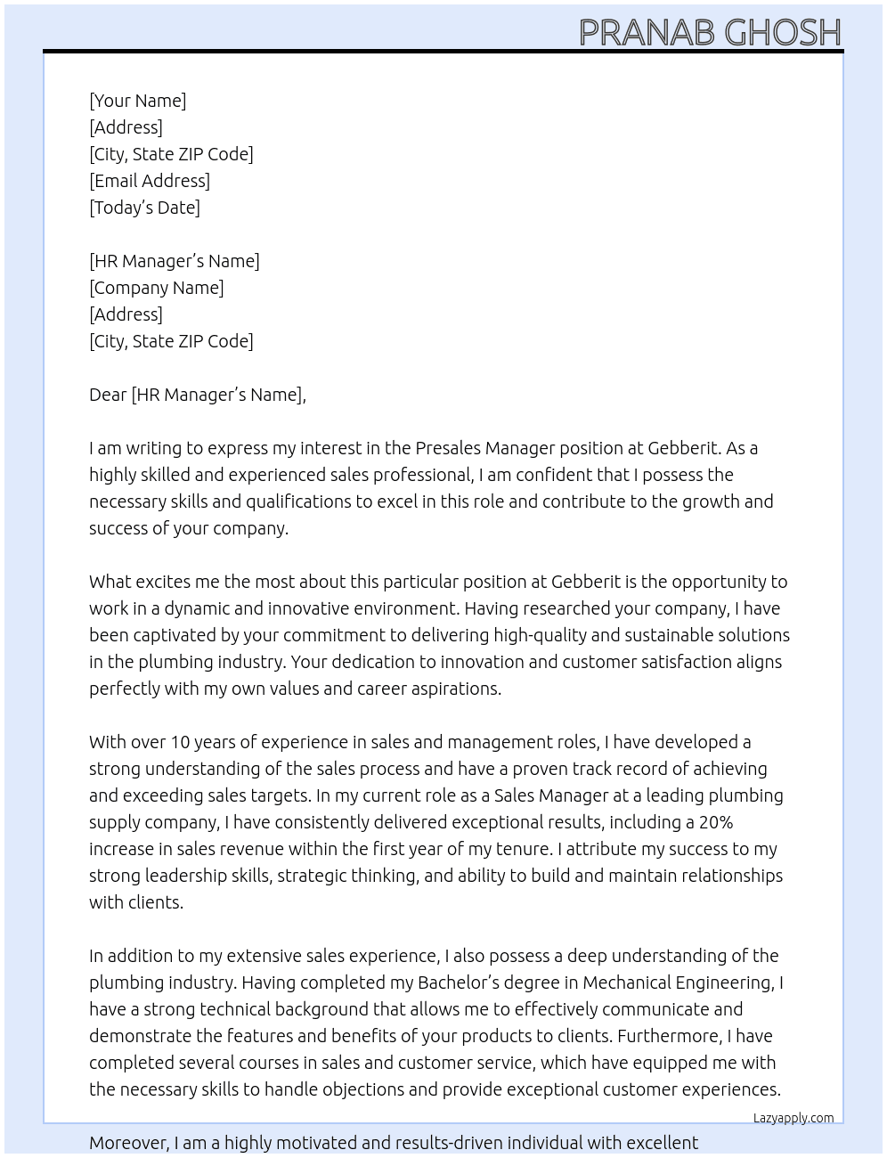 PRESALES  MANAGER At GEBBERIT Cover Letter