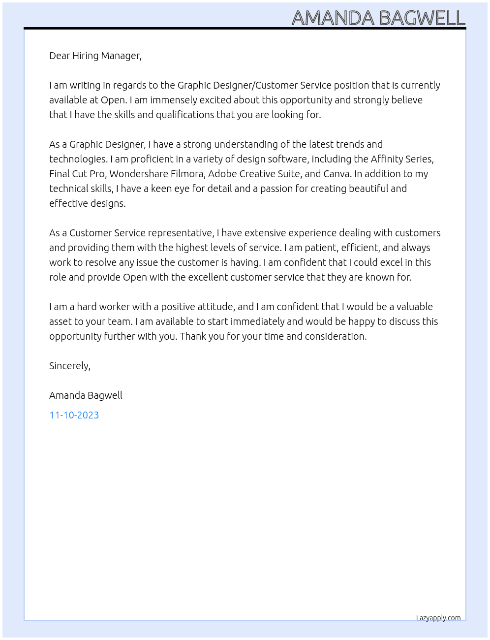 Graphic Designer/Customer Service At Open Cover Letter
