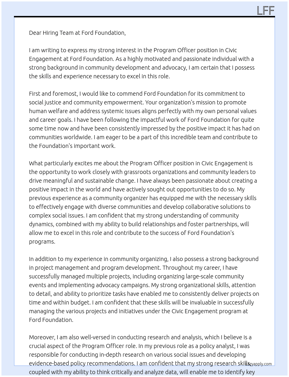  Program Officer, Civic Engagement  At Ford Foundation  Cover Letter