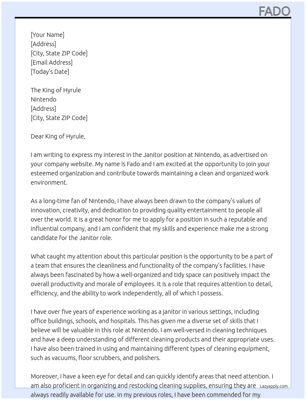 Janitor  At Nintendo Cover Letter