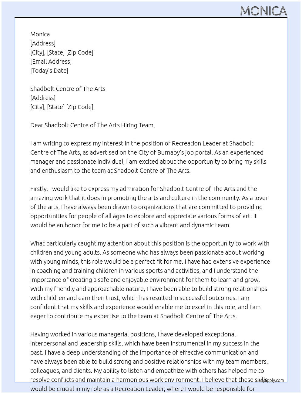 Recreation Leader At City of Burnaby Cover Letter