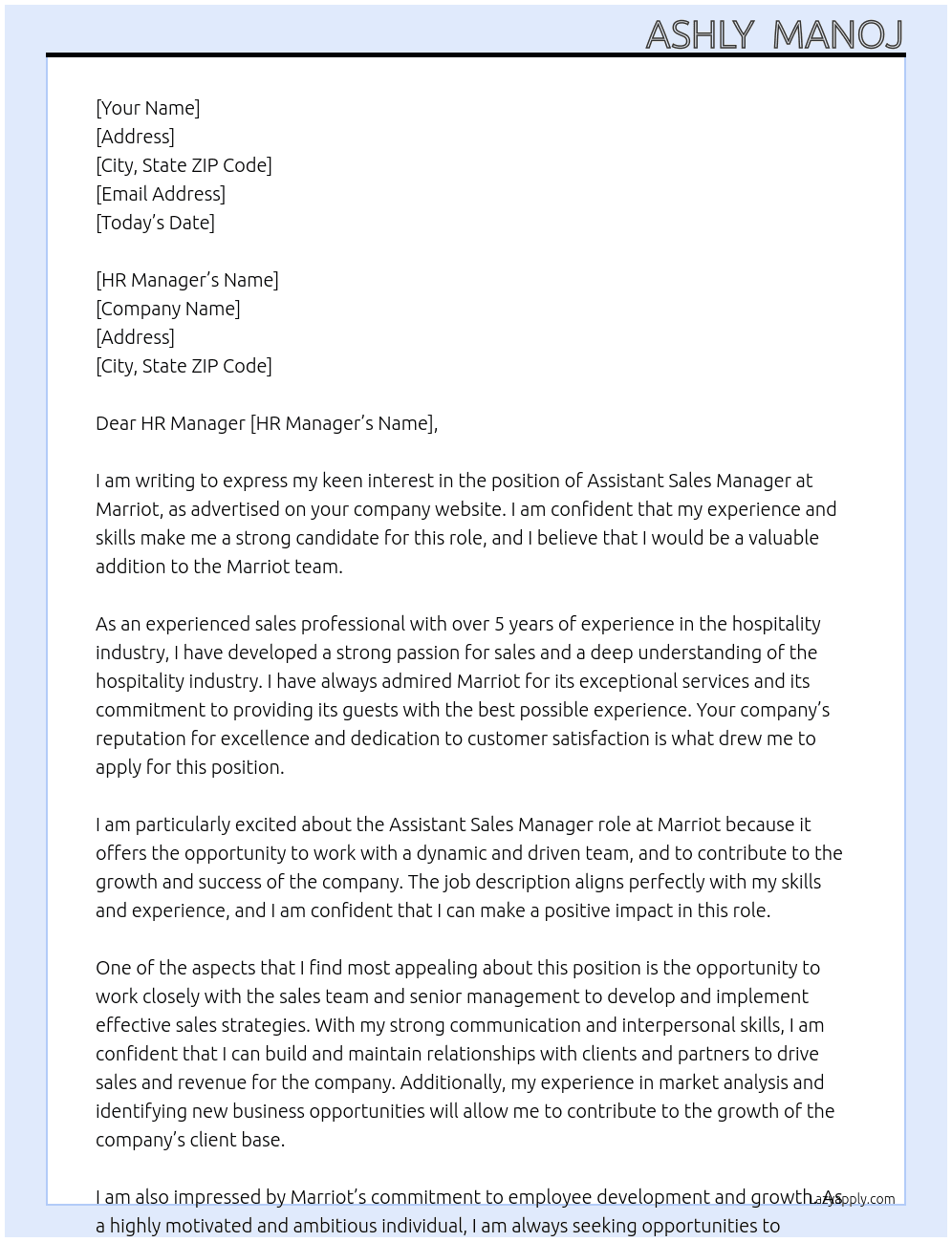 Assistant Sales Manager At Marriot  Cover Letter
