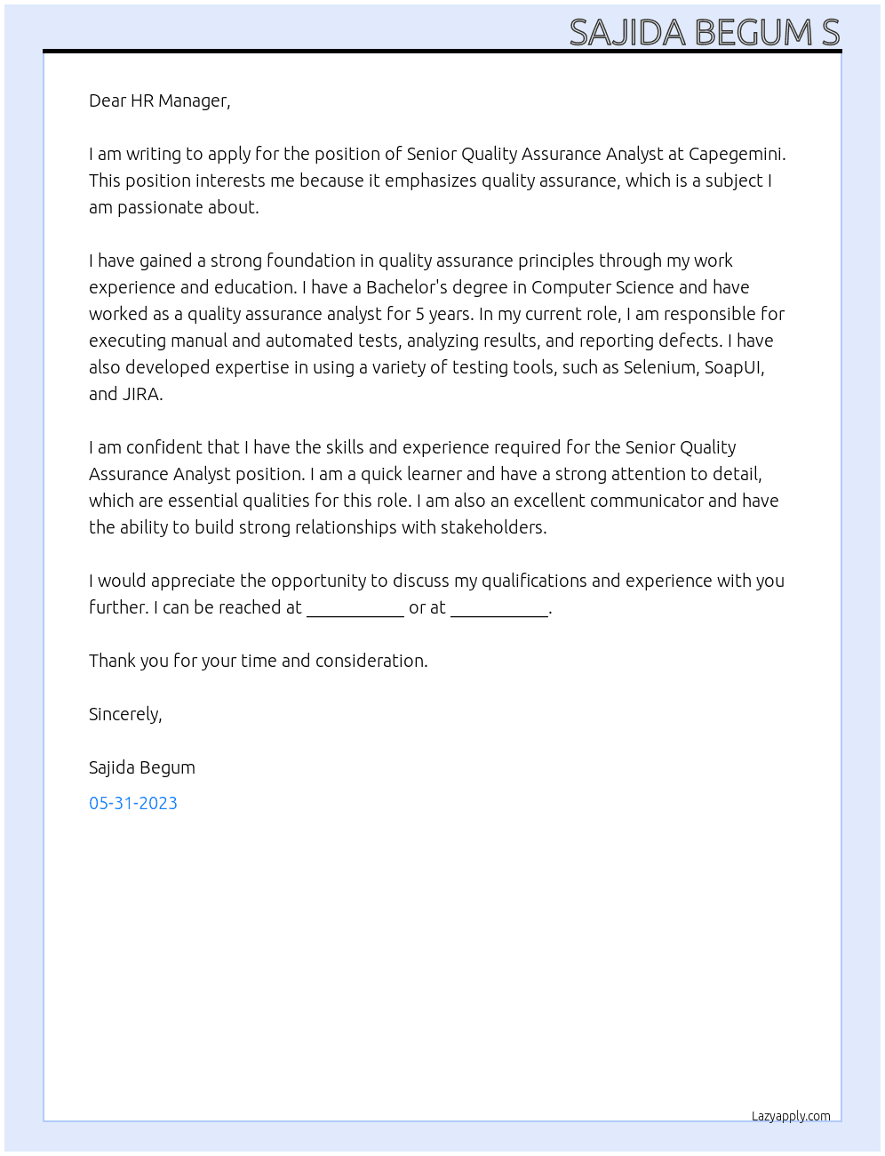 Senior Quality Assurance Analyst  At Capegemini  Cover Letter
