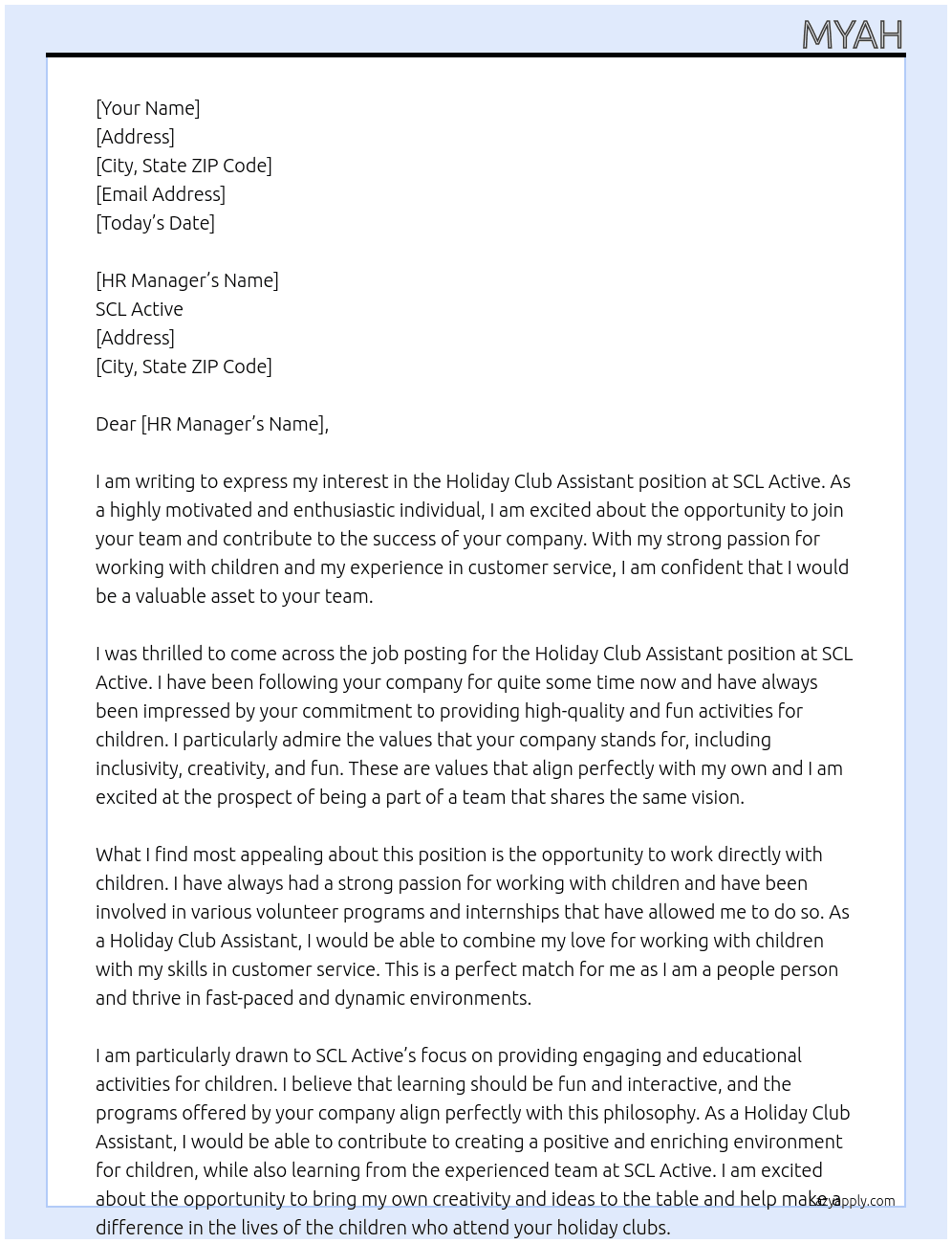 Holiday Club Assistant At SCL Active Cover Letter
