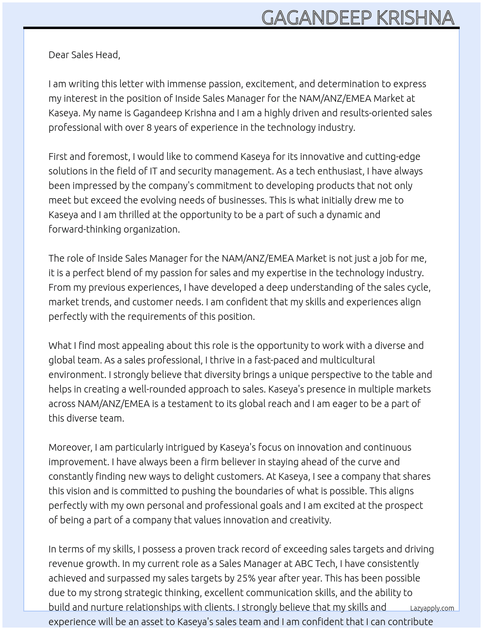 Inside Sales Manager - NAM/ANZ/EMEA Market At Kaseya Cover Letter