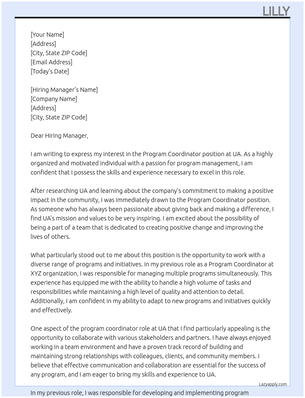 program coordinator  At UA Cover Letter