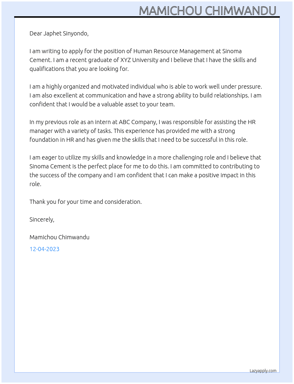 Human resource management  At Sinoma cement  Cover Letter