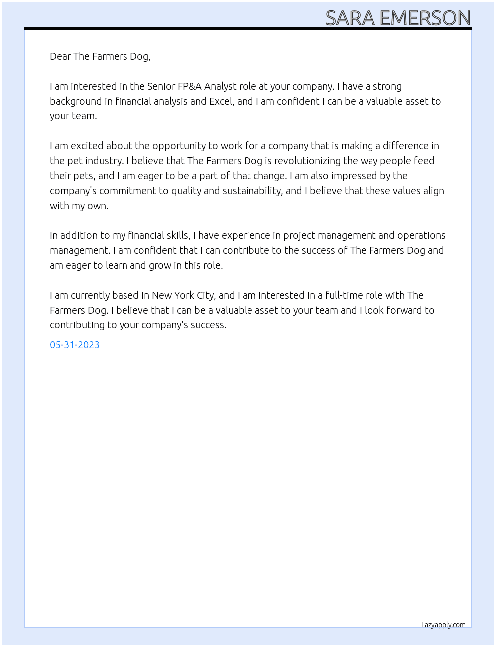 Senior FP&A Analyst At The Farmers Dog Cover Letter