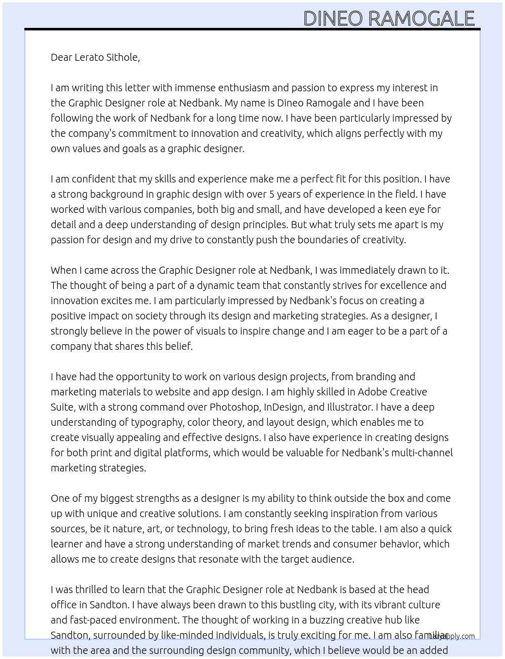  graphic design At Nedbank Cover Letter