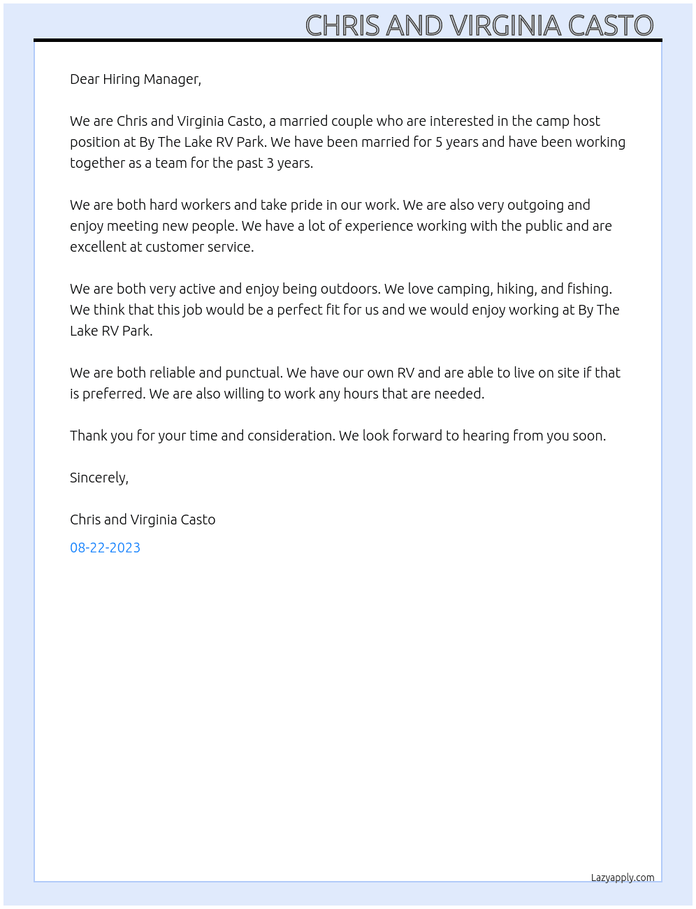 Camp host  At By The Lake RV Park Cover Letter