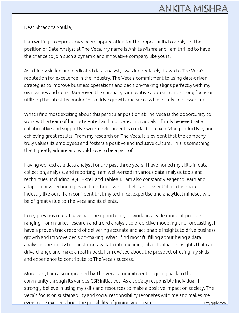 data analyst  At the veca Cover Letter