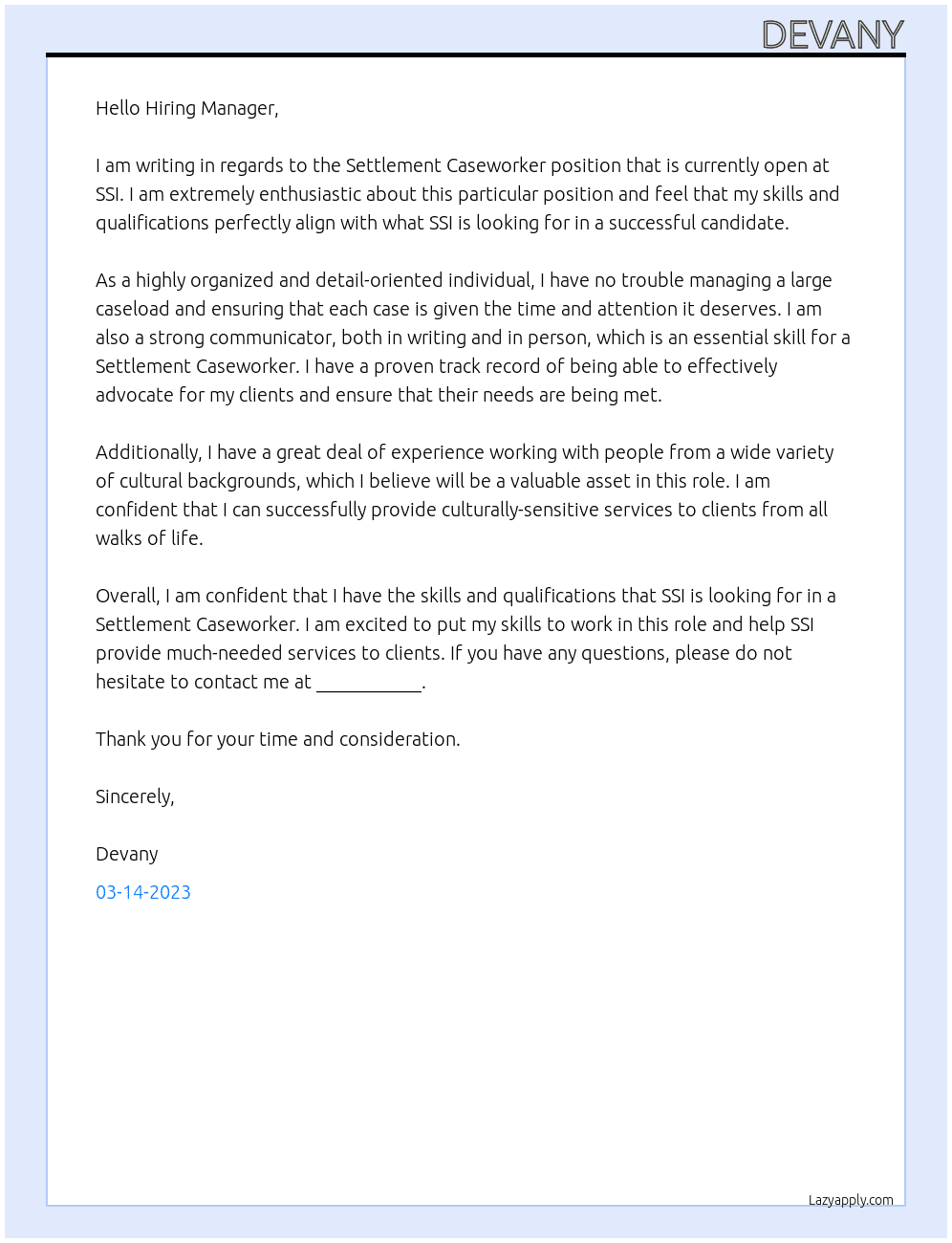 Settlement Caseworker At SSI Cover Letter