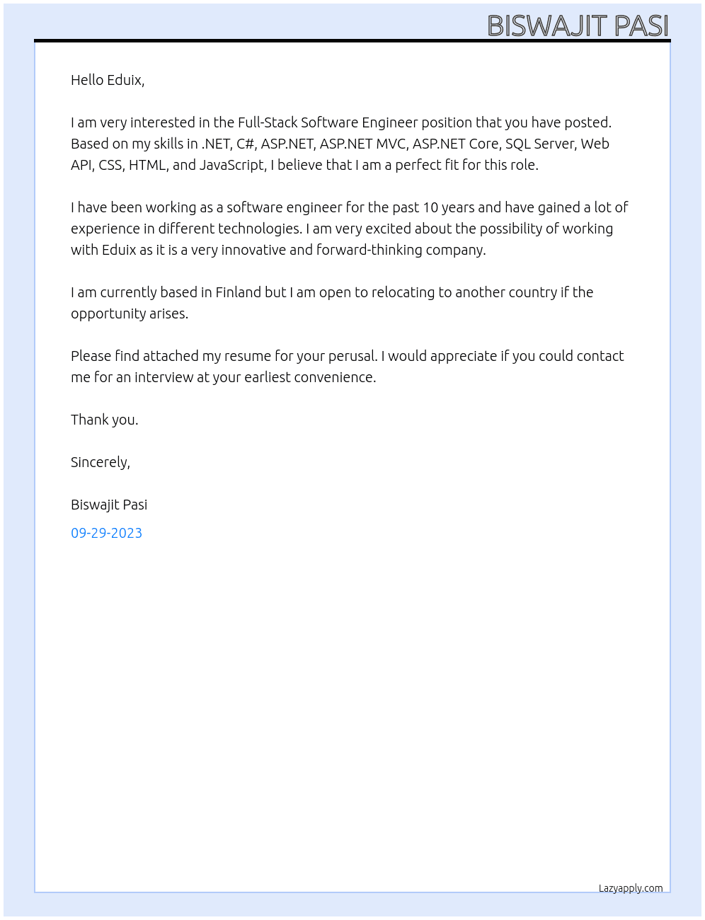 full-stack software engineer At Eduix Cover Letter