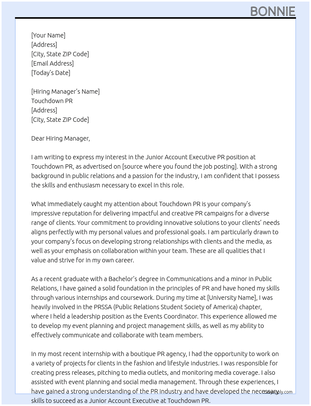 Junior Account Executive PR At Touchdown PR Cover Letter