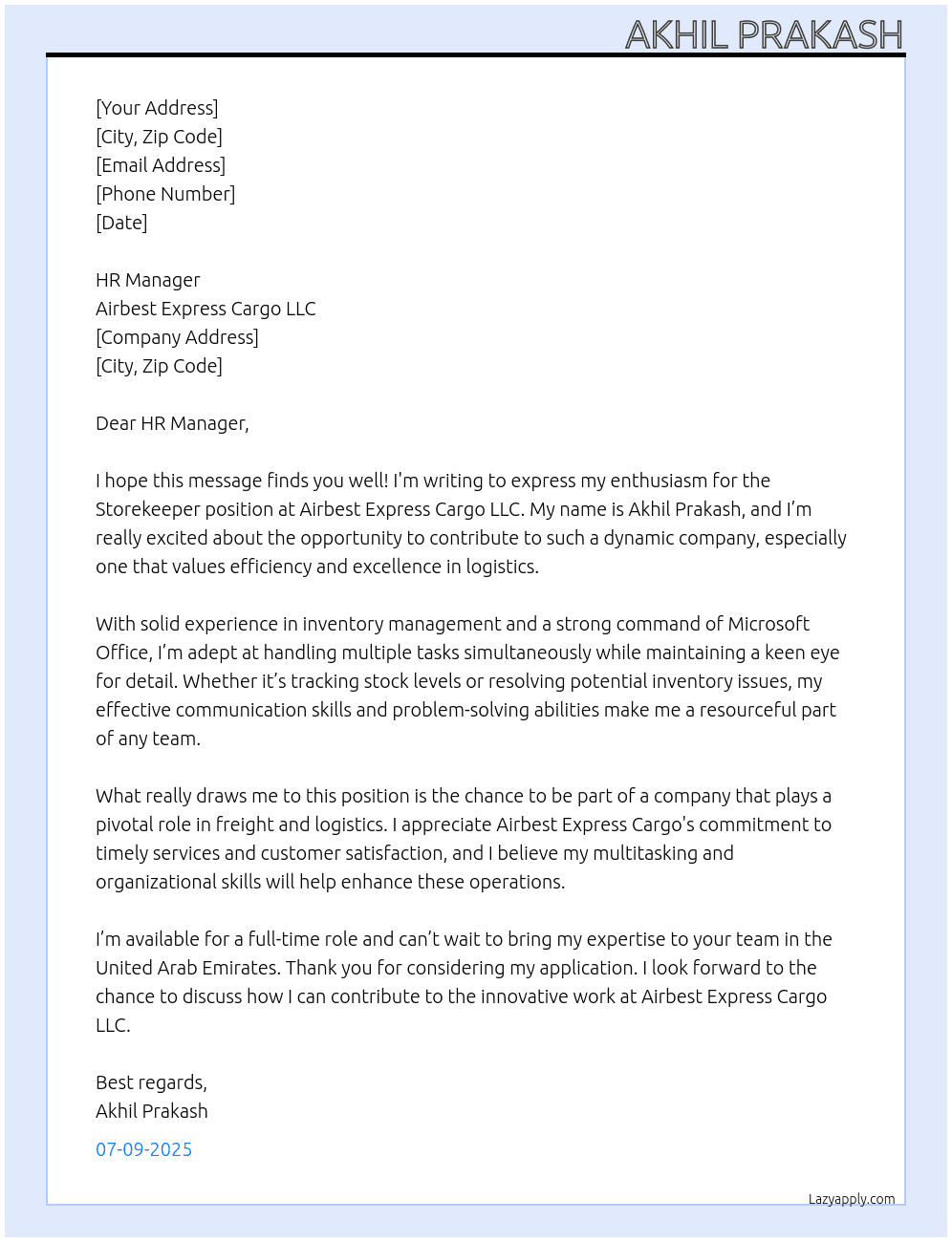 Storekeeper At Airbest Express Cargo LLC Cover Letter