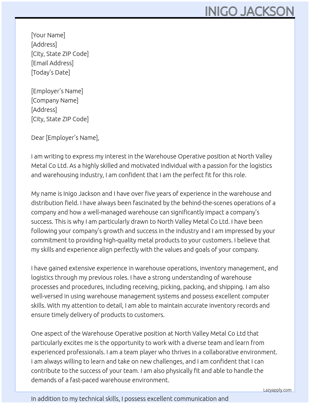 Warehouse operative At North Valley Metal Co Ltd Cover Letter