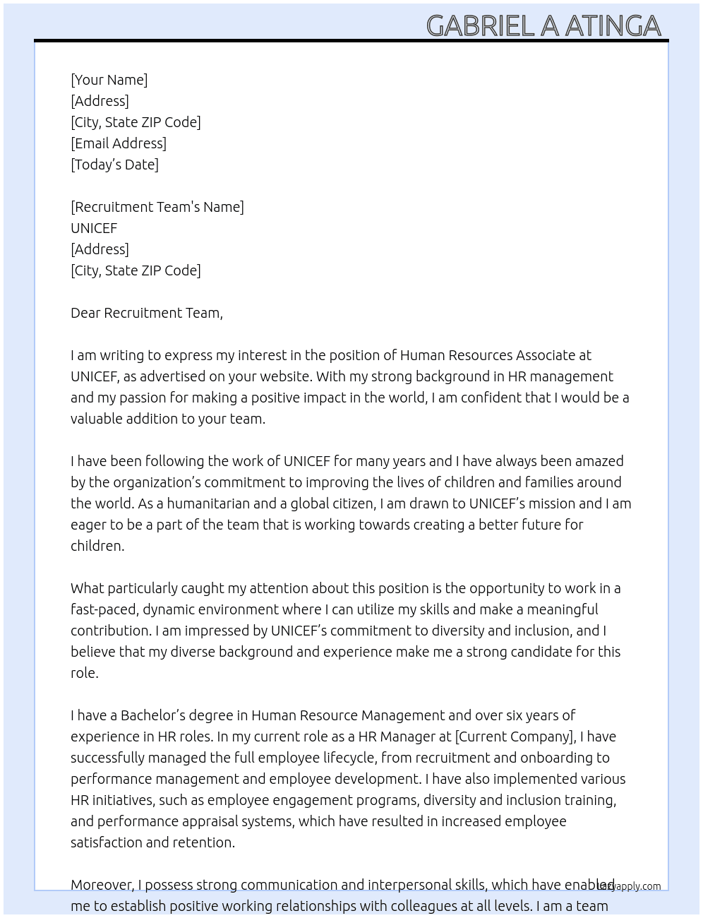 Human resources associate At UNICEF  Cover Letter