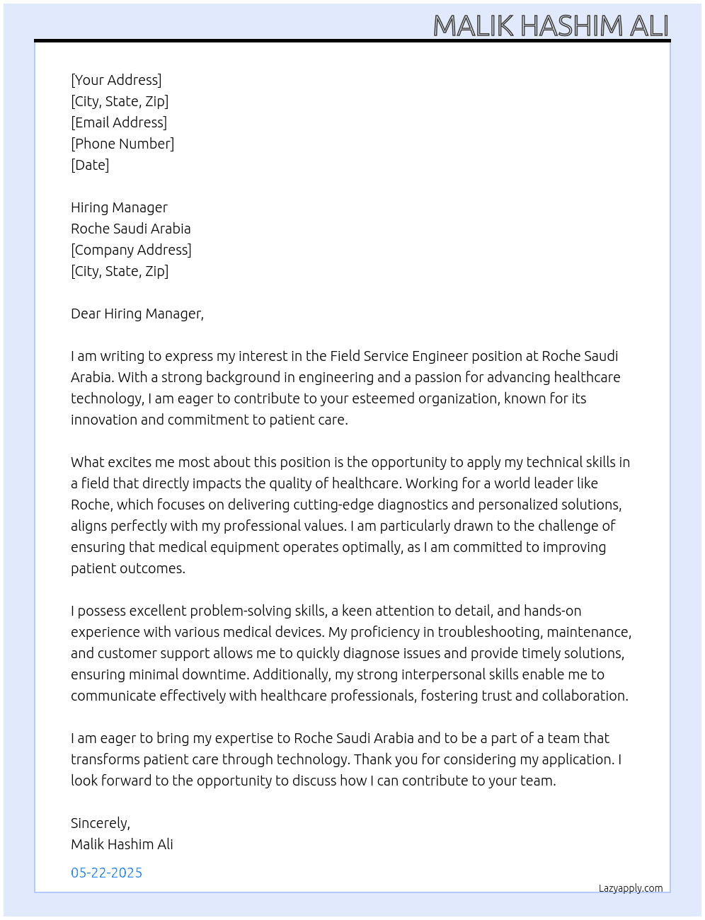Field Service Engineer At Roche Saudi Arabia Cover Letter