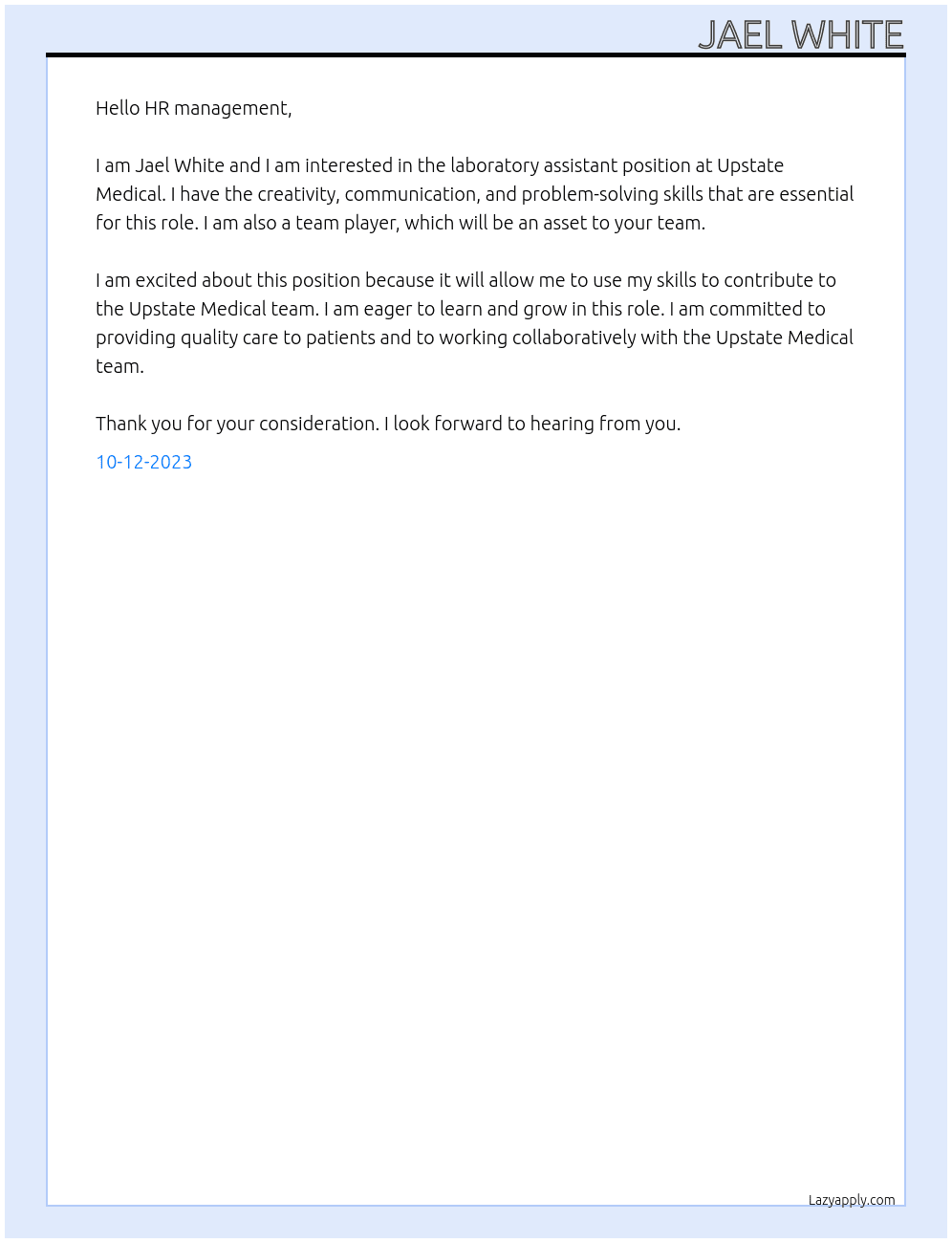 Laboratory assistant At Upstate Medical Cover Letter