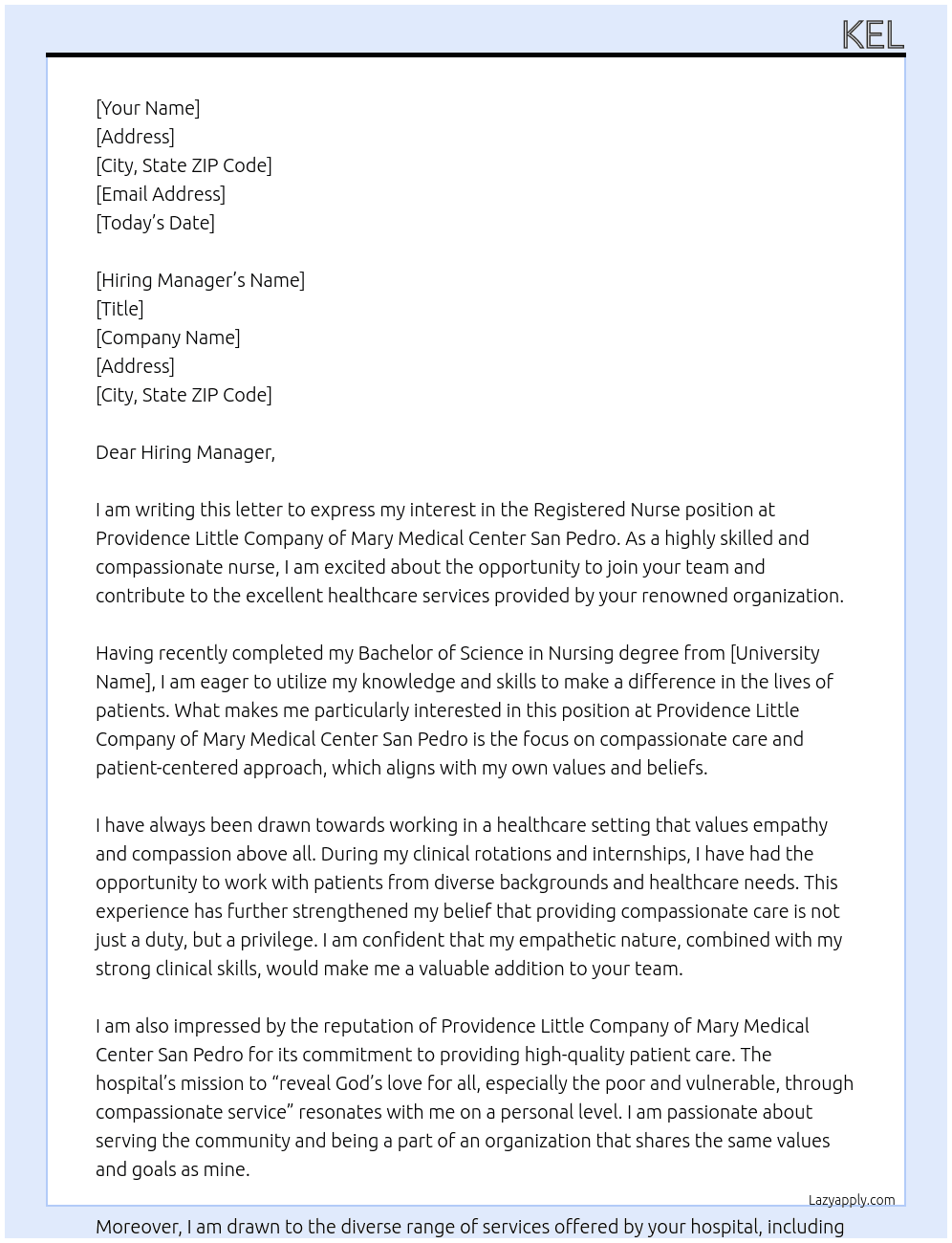 Registered Nurse At Providence Little Company of Mary Medical Center San Pedro Cover Letter