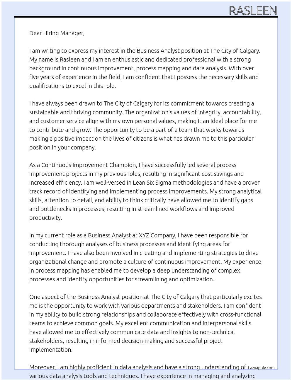 business analyst At The City of Calgary Cover Letter
