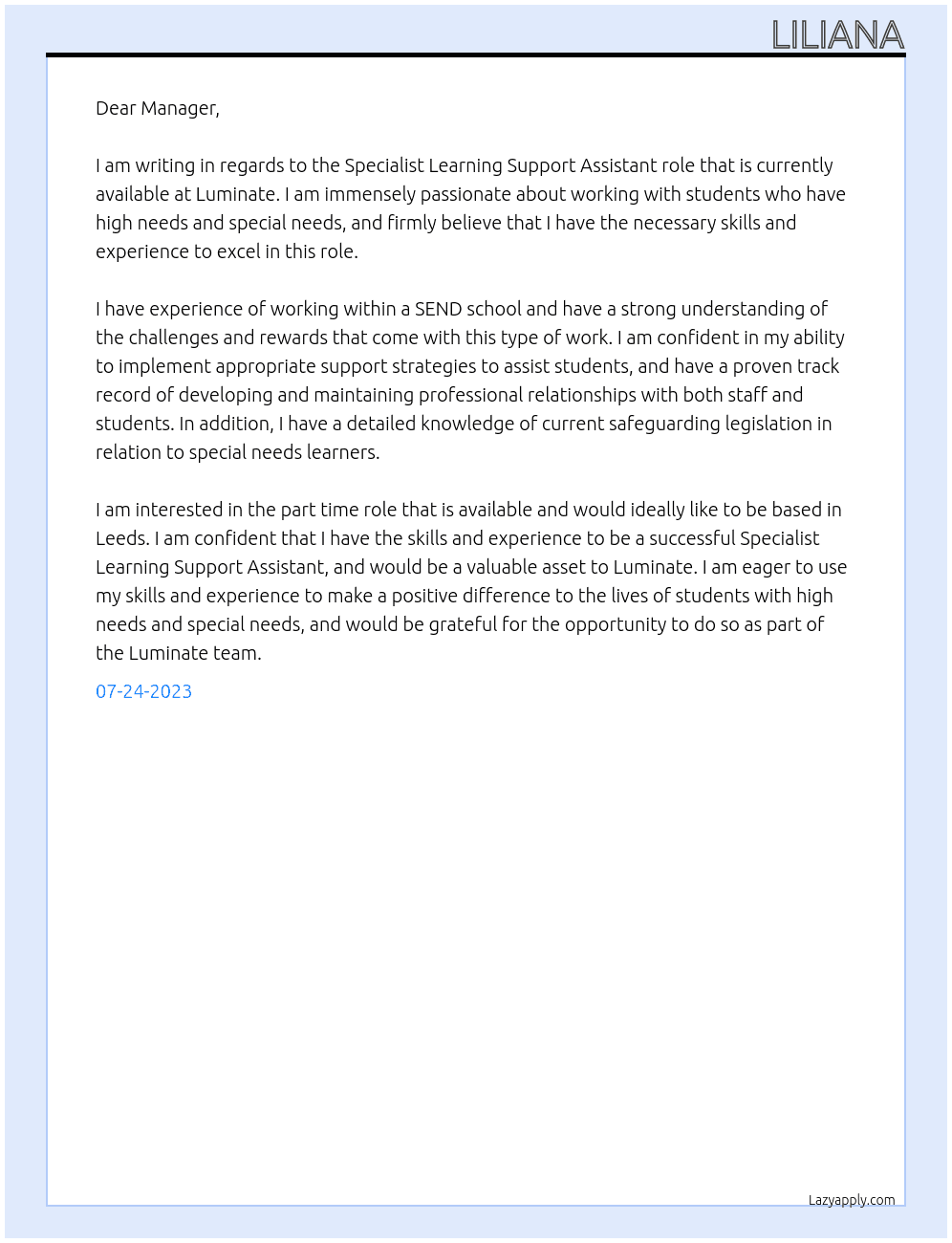 Specialist Learning Support Assistant  At Luminate Cover Letter