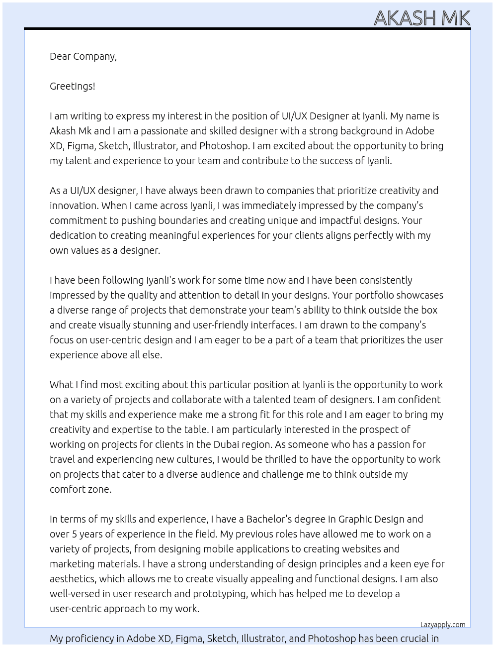 UI UX designer  At Iyanli  Cover Letter