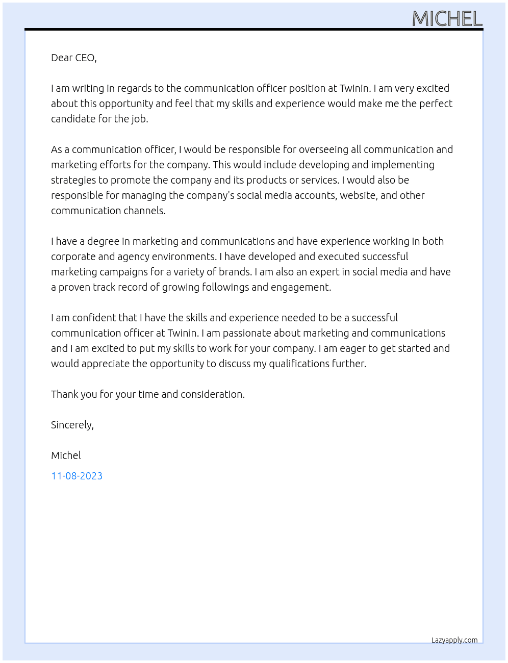 communication officer At Twinin Cover Letter