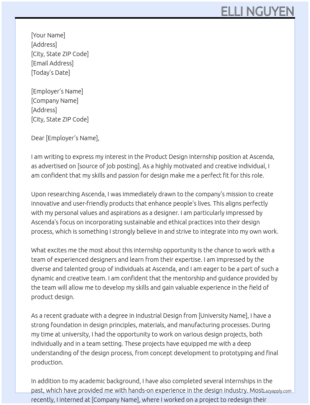 product design intership At Ascenda Cover Letter