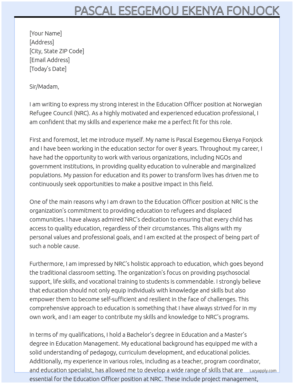 Education Officer At Norwegian Refugee Council NRC  Cover Letter