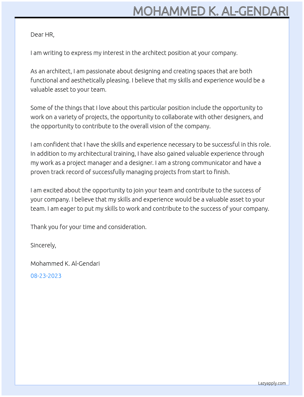 architect At company name Cover Letter