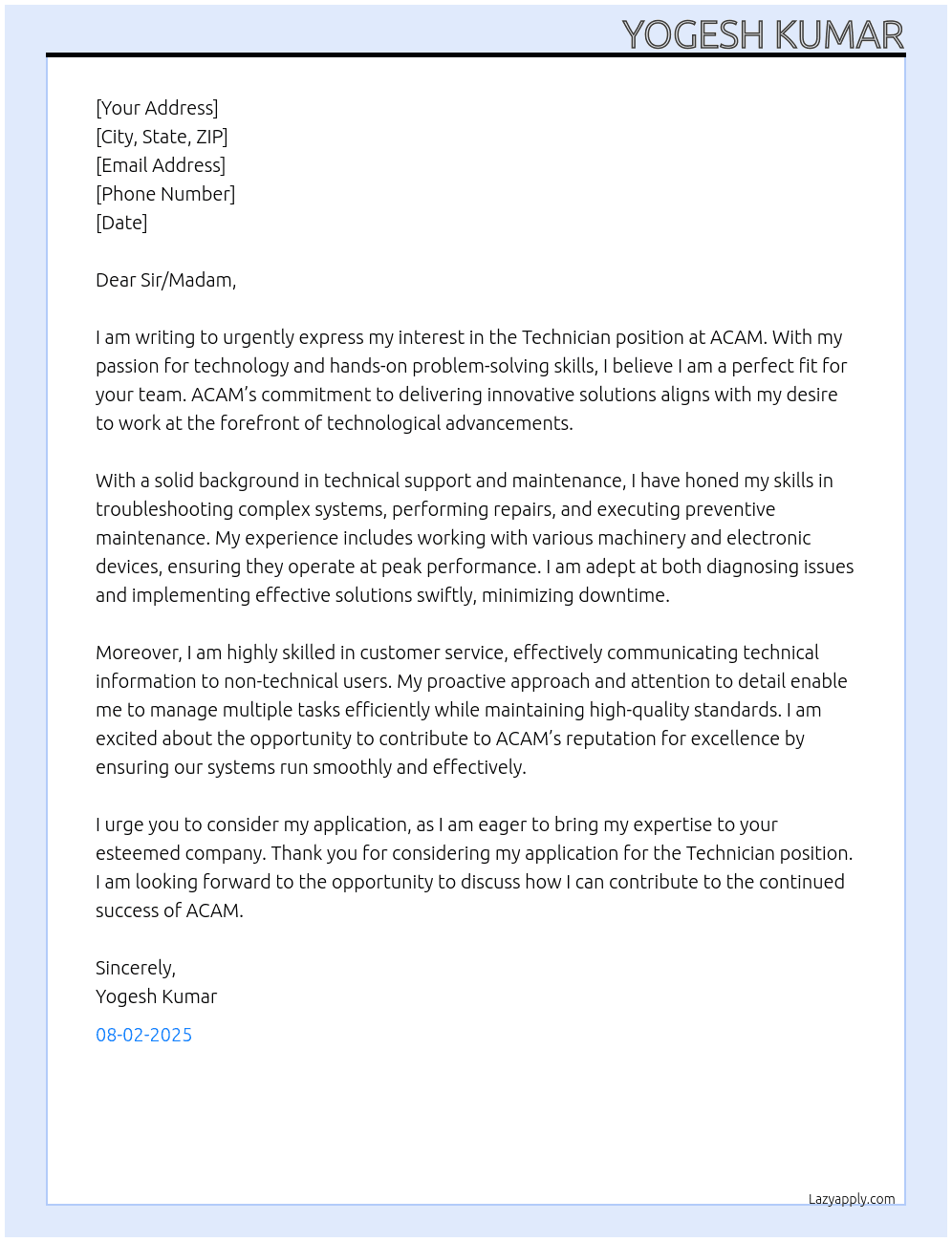 Technician At ACAM  Cover Letter