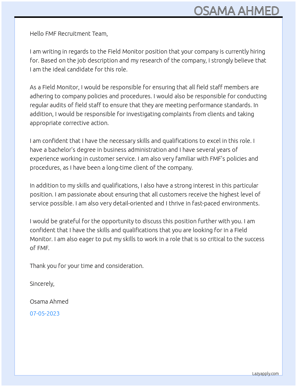 Field Monitor  At FMF Cover Letter