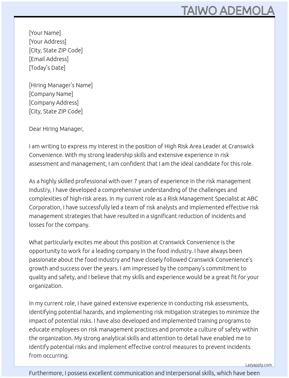 High Risk Area Leader At Cranswick Convenience Cover Letter