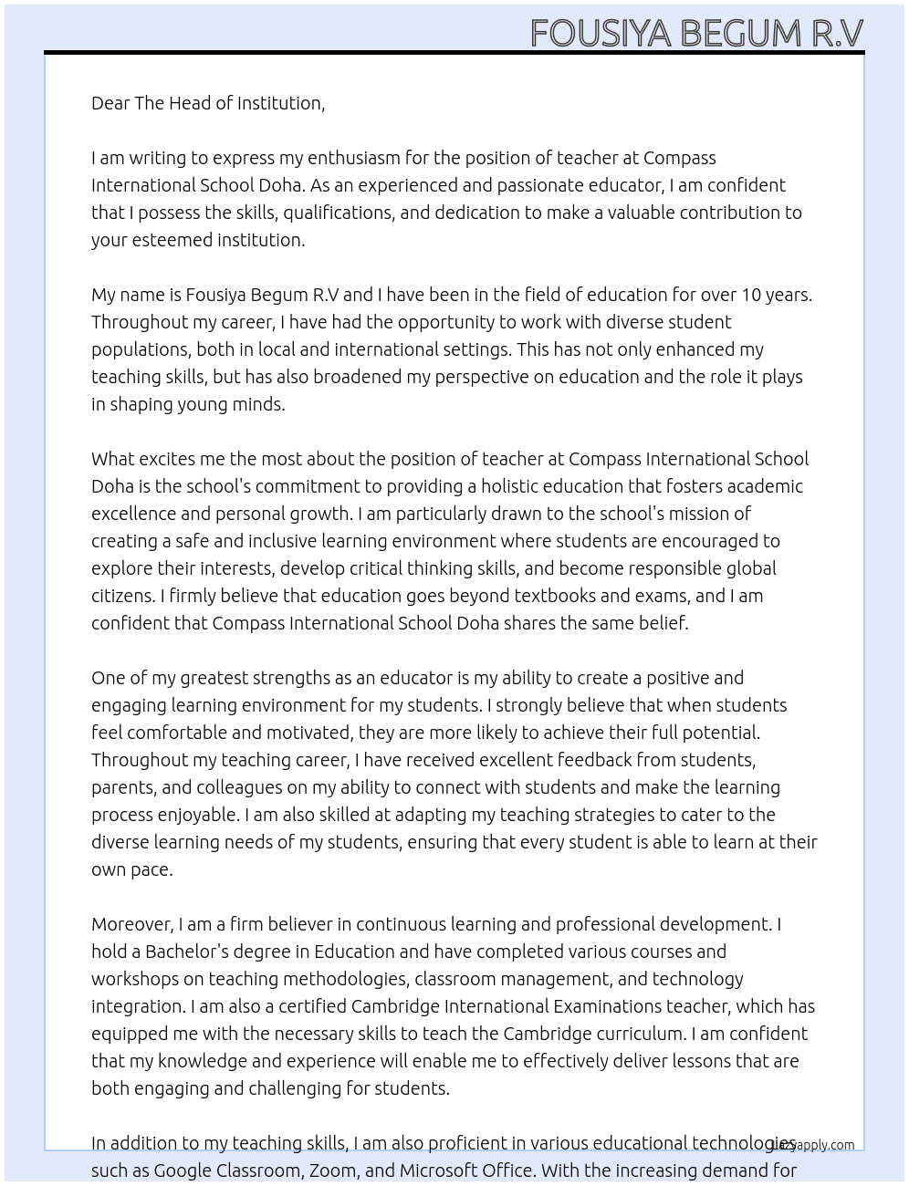 teacher At COMPASS INTERNATIONAL  SCHOOL DOHA Cover Letter