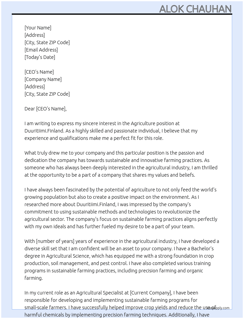 Agriculture  At duuritiimi.finland Cover Letter