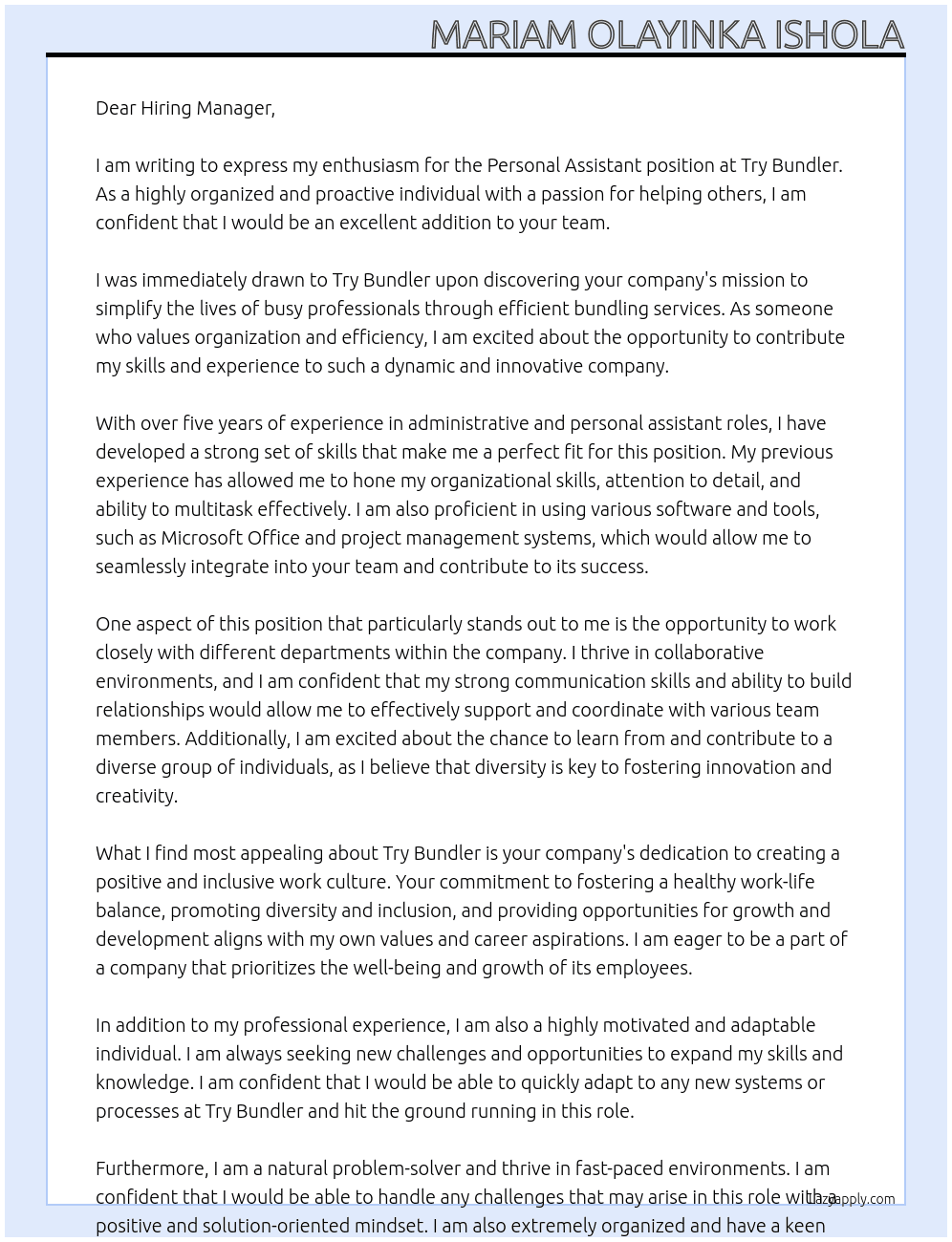 Personal Assistant At Try Bundler Cover Letter