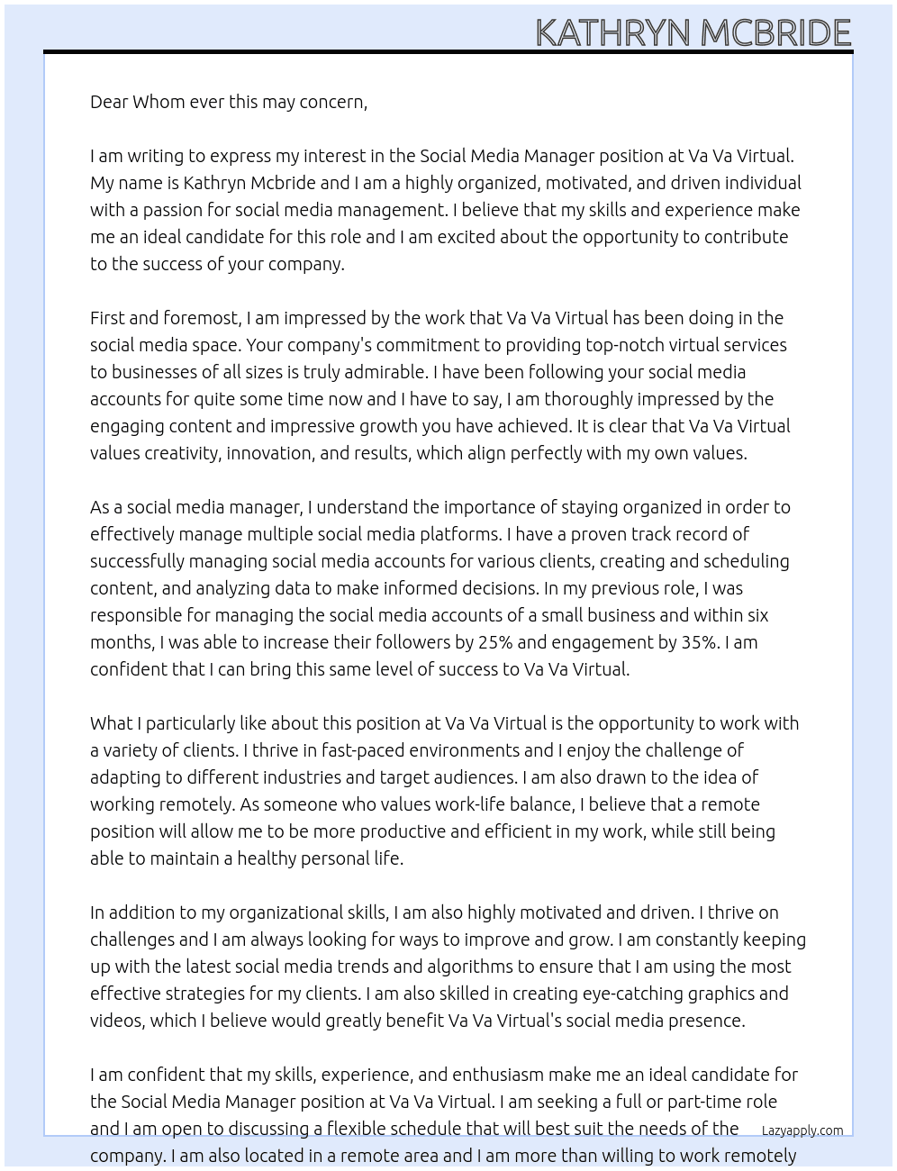Social media manager At Va Va Virtual  Cover Letter