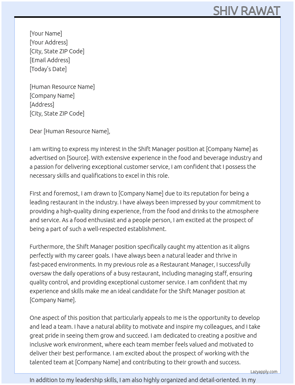 Shift Manager At Restaurant Cover Letter