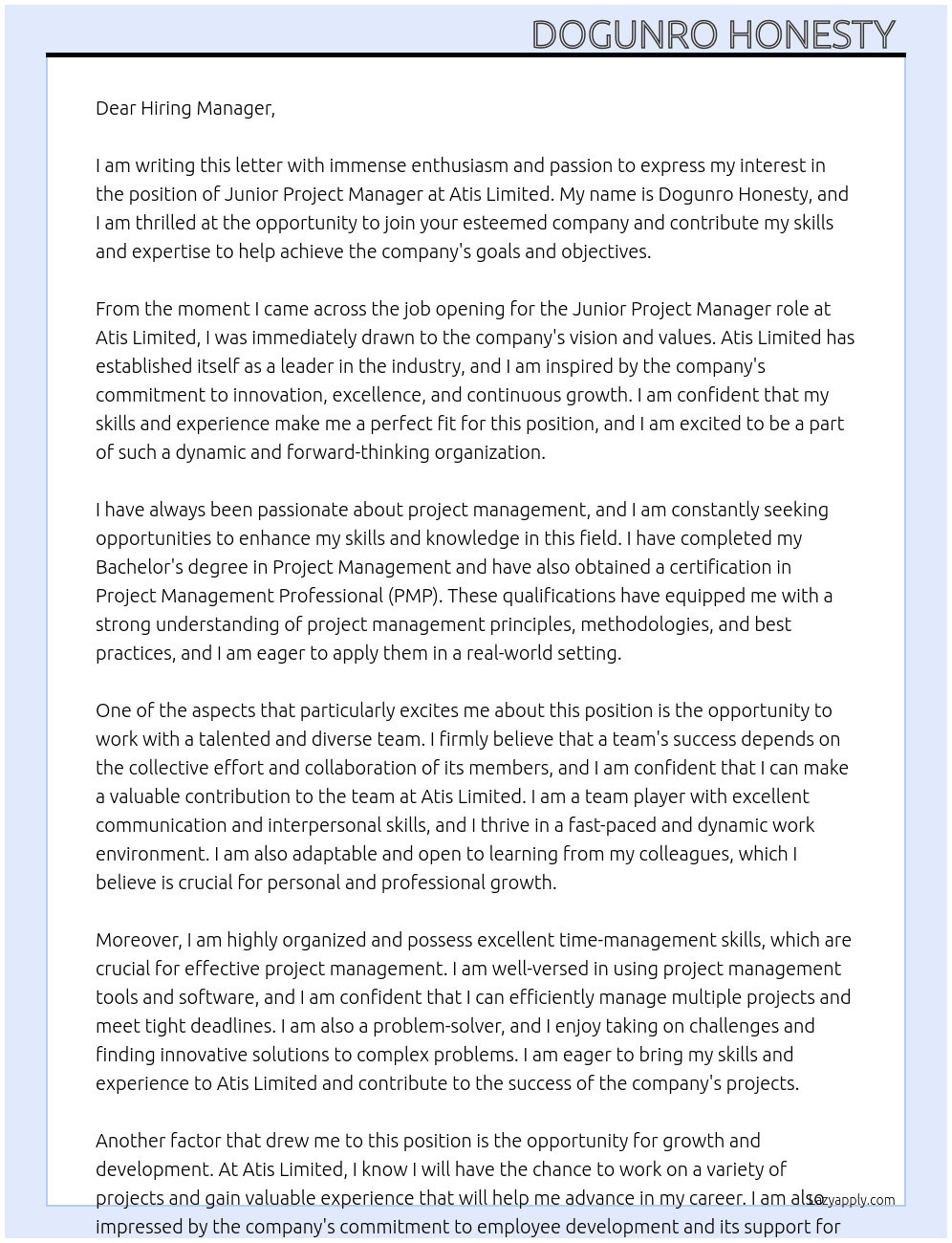 Junior Project Manager At atis limited Cover Letter